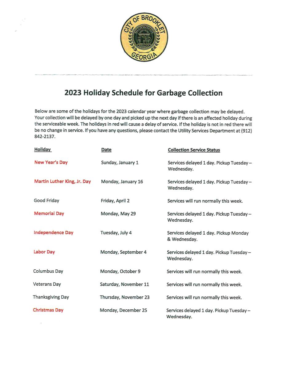 2023 Holiday Schedule for Garbage Collection