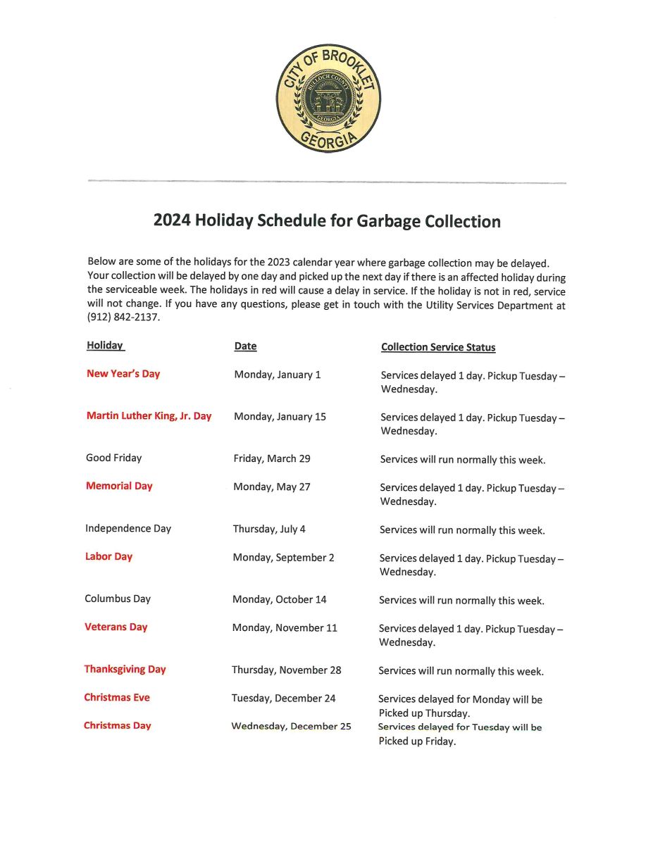 2024 Holiday Grabage Pickup Schedule